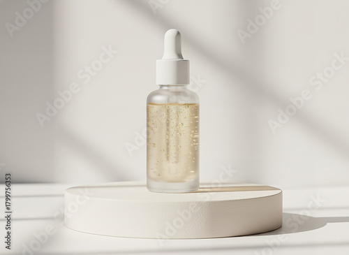 Cosmetic bottle with pipette on white background and podium, product mockup