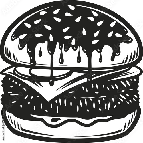 Savor the Delight A Monochrome Burger with Dripping Sauce and Delicious Ingredients Beckons