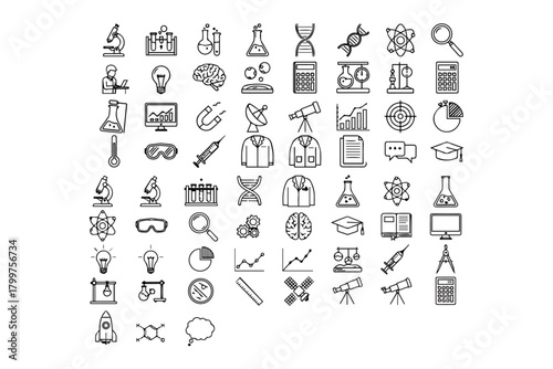 Silhouette pack of 60 inimalist Science research outine icons editable outline wwith pure white background
