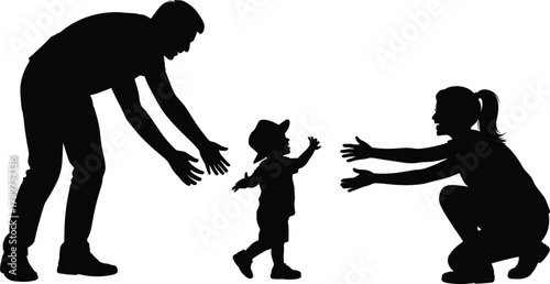 Silhouette family playing together, parents reaching toward child, happy childhood moment outdoors, loving interaction, emotional connection, parenting support, joyful family bonding