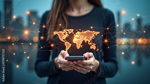 A woman holds a smartphone, with a glowing world map and connected nodes, symbolizing global connectivity via mobile tech.