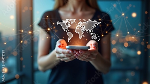 A woman holds a smartphone, with a glowing world map and connected nodes, symbolizing global connectivity via mobile tech.