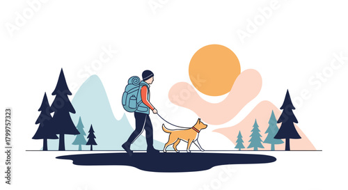 A lone hiker enjoys a scenic mountain trail with their loyal canine companion on a bright sunny day.
