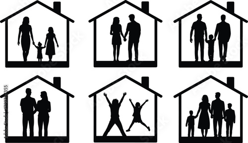 Family silhouettes inside house shapes, parents and children together, home protection concept, unity and bonding illustration, supportive family lifestyle artwork