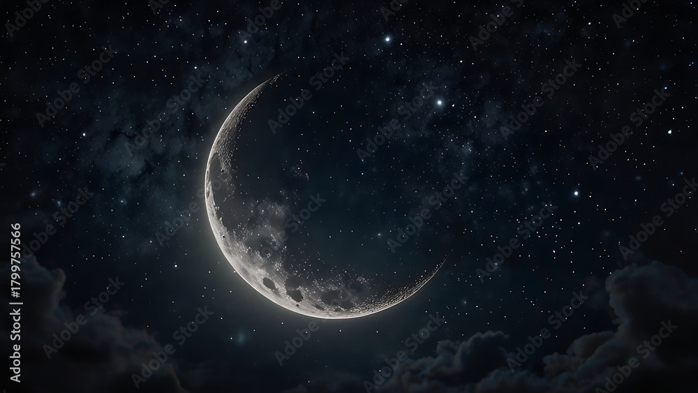 Fototapeta premium Dark dreamy sky featuring a moon and stars shaped from luminous particles
