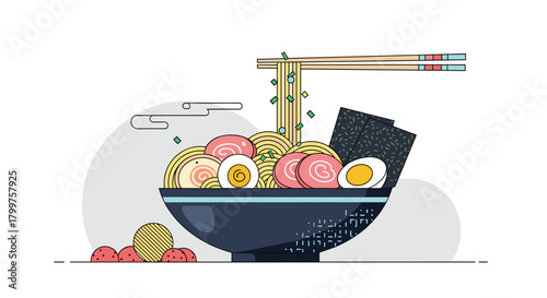 A steaming bowl of delicious ramen noodles with chopsticks lifting them up.