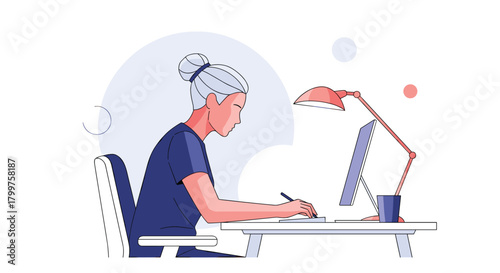 A woman diligently working on her computer at a desk with a lamp providing light.