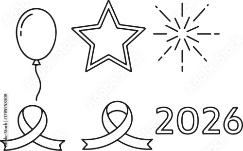 Celebration and Awareness Icons with Year 2026 Keywords: balloon, star, fireworks, ribbon