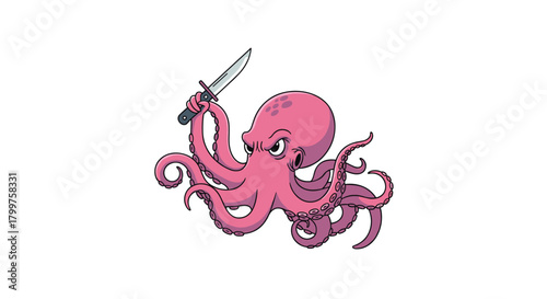 A fierce pink octopus wielding a sharp knife with its tentacles ready for action.