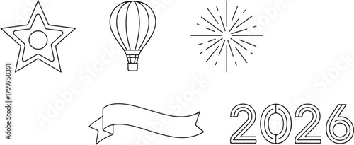 Celebration and New Year Icons Line Art star hot air balloon