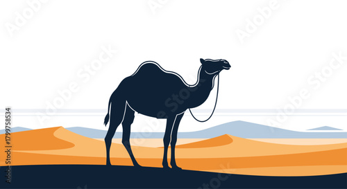 A solitary camel traverses the vast and arid desert landscape under a pale sky.
