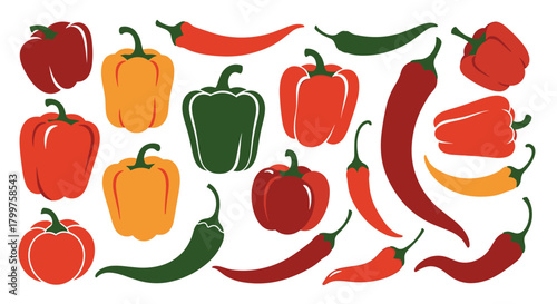 A vibrant collection of fresh bell peppers and spicy chili peppers.