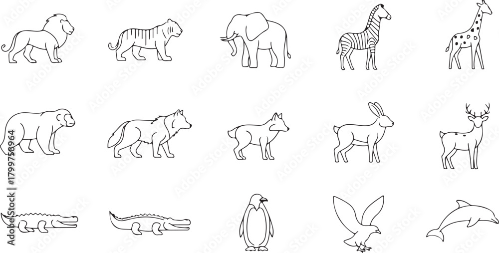 Obraz premium Collection of Outline Wild Animals Keywords: lion, tiger, elephant, zebra, giraffe, bear, wolf