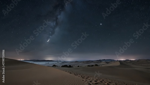 Serene dunes under a star-filled sky with a crescent moon and light mist