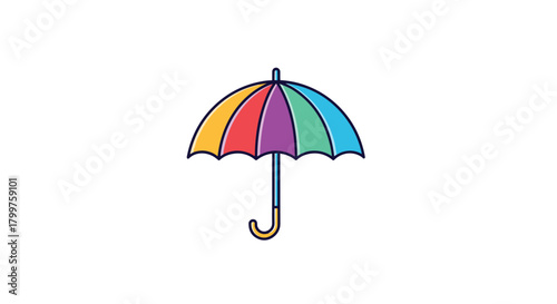 A brightly colored rainbow umbrella offers protection from the elements.