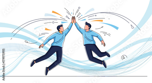 Two people celebrating success with a high five in the air.  