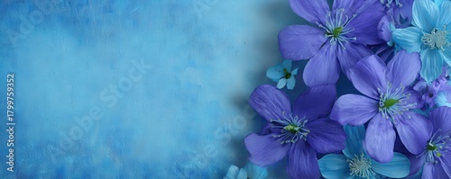 A vibrant arrangement of blue and purple flowers against a soft blue background, creating a calming and aesthetically pleasing visual.