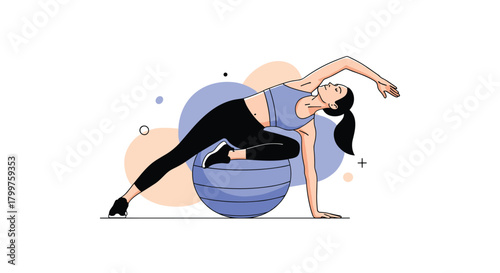 Woman performs a yoga pose on a fitness ball with abstract circles in the background.