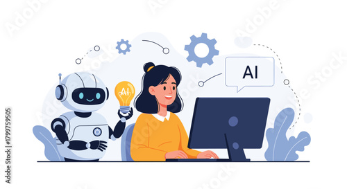 A woman and a robot collaborate on computer, with the robot presenting an AI-powered idea as gears and tech elements surround them.