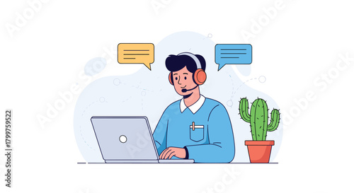 A friendly customer support agent works at a laptop with a headset, providing online assistance and communication.