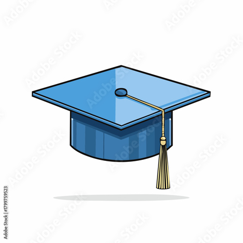 A sky blue graduation cap with a gold tassel is displayed prominently against a white background, symbolizing academic achievement and the successful completion of studies