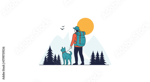 A hiker with their dog enjoying a scenic mountain landscape at sunset.