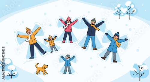 A joyful family and their dog are happily making snow angels in a beautiful, fresh winter landscape covered with glistening snow.