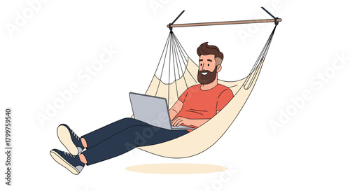 Smiling bearded man comfortably working on a laptop in a hanging hammock chair, embodying relaxed remote work lifestyle.
