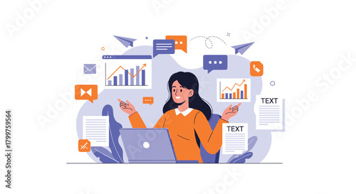 A focused businesswoman efficiently manages diverse digital tasks, analyzing data, communicating, and handling documents, illustrating modern workflow productivity.