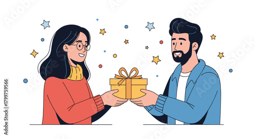 A cheerful woman and man exchanging a beautifully wrapped gift box, celebrating a special moment together.