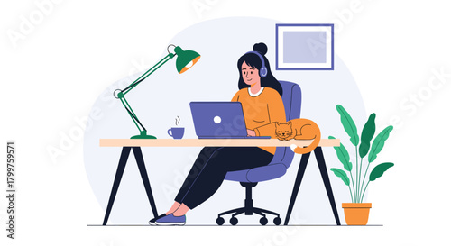 Woman works on laptop at a home office desk, wearing headphones, with a steaming mug and a sleeping cat, representing comfortable remote work.