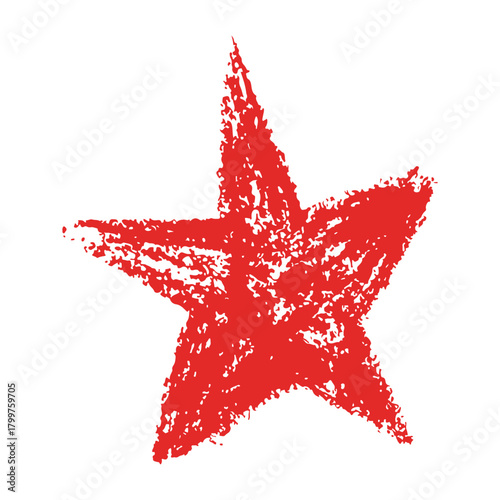 Red distressed five pointed star with rough texture. Hand drawn crayon style with bold look. Perfect for stickers, posters, holiday cards, and festive decoration Vector illustration