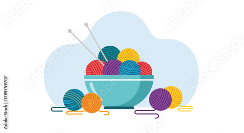 Brightly colored balls of yarn overflowing from a bowl with knitting needles, representing the joy of creative craft hobbies.