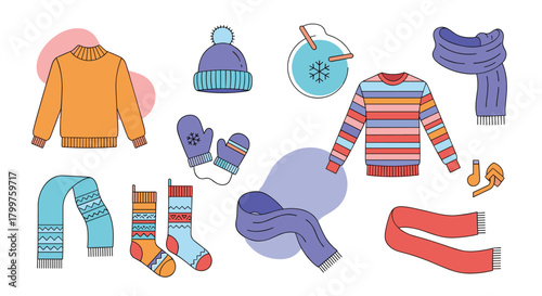 A collection of cozy winter clothing and accessories including sweaters, scarves, hats, mittens, and socks, with a cold weather indicator.