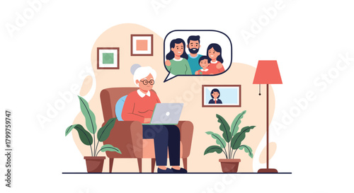Elderly woman uses a laptop to connect with her family, reminiscing about her children and grandchildren.