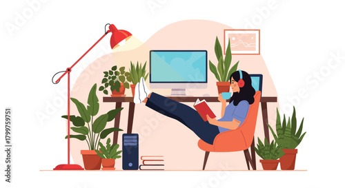 A relaxed woman enjoys her cozy home office, reading a book and listening to music amidst an abundance of green plants.