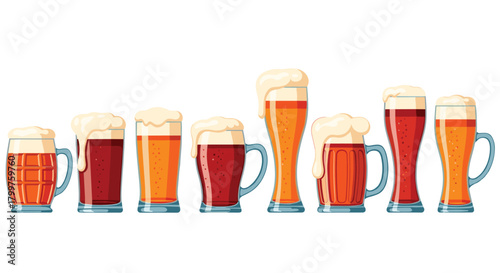 A vibrant collection of various beer types in different glasses, showcasing different colors and frothy heads on a clean white background.