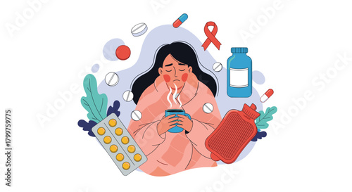 A woman feeling unwell, wrapped in a blanket and holding a warm drink, surrounded by medication and comfort items, representing illness and recovery.