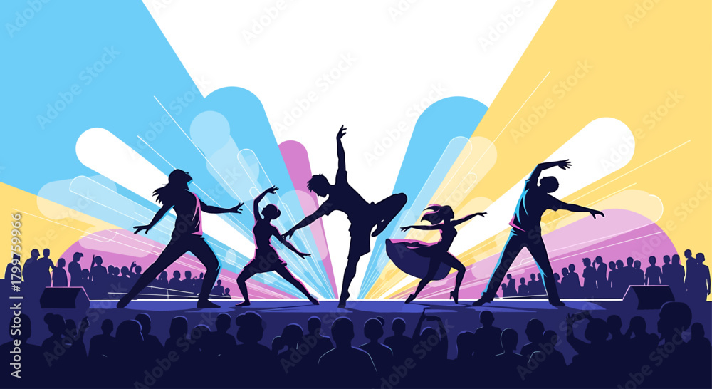 Εκτύπωση καμβά An energetic flat design illustration capturing dynamic silhouettes of dancers performing on an outdoor stage, surrounded by vibrant lights