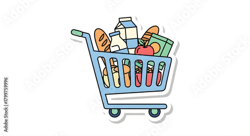 Grocery shopping cart full of food, supermarket illustration, Happy Holiday