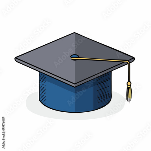 A blue and black academic mortarboard graduation cap with a golden tassel, symbolizing educational achievement and university commencement ceremonies