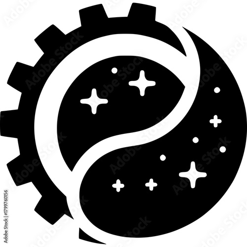 Balance of Universe: An intriguing illustration that seamlessly blends the mechanical precision of a gear with the celestial beauty of stars and cosmos within a yin-yang symbol.