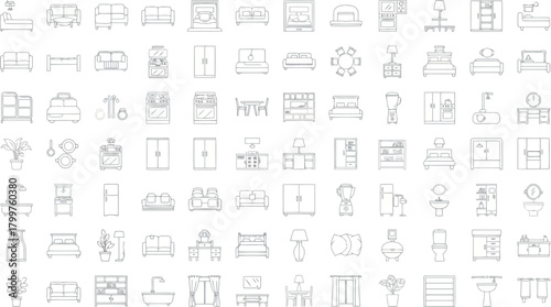 Assortment of furniture line drawings for interior design, isolated on
