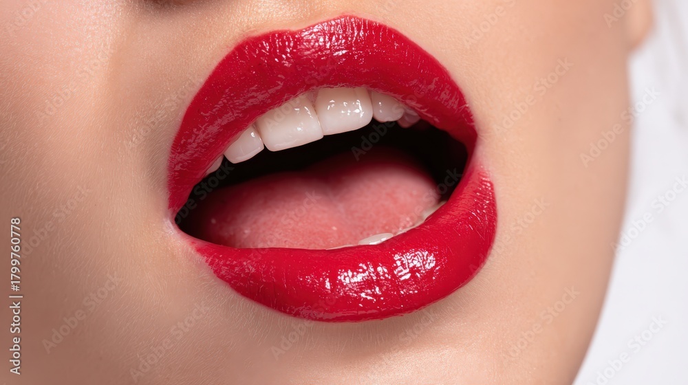 Obraz premium Close-up of lips adorned with shiny red lipstick, highlighting a natural smile and healthy teeth, embodying beauty and confidence.