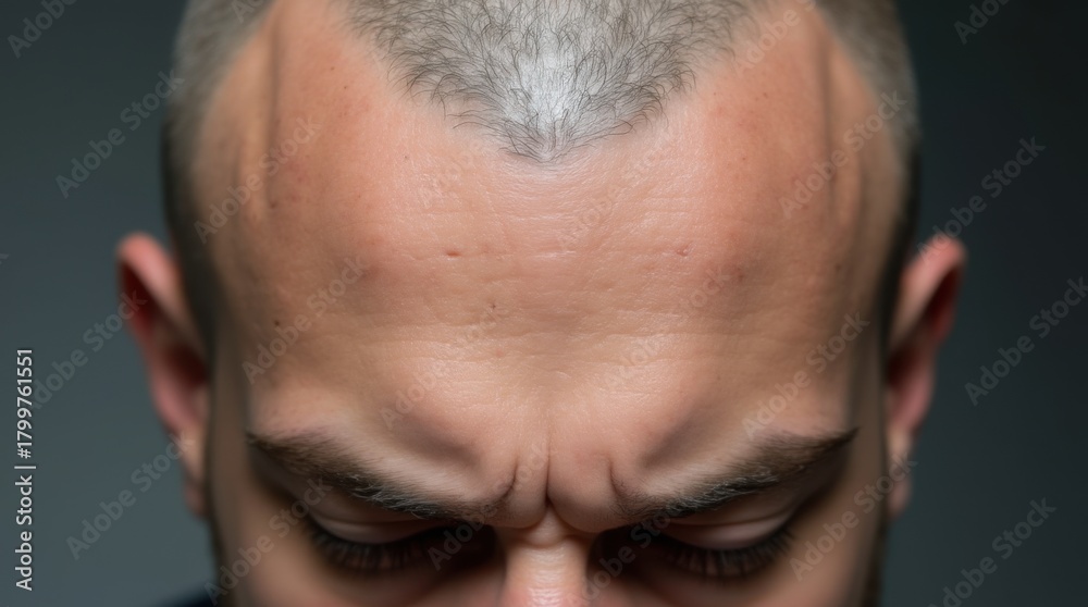 Obraz premium Close-up of a bald head with tiny dot scars on the scalp from a hair transplant. Concept Close-up scalp with hair transplant scars, Bald head portrait, Hair restoration microdots