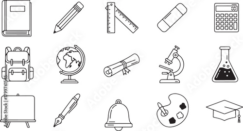 School and Education Supplies Icons Set book pencil