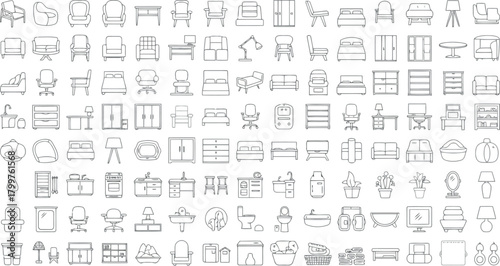 Assortment of architectural furniture symbols and icons for floor plans, isolated on
