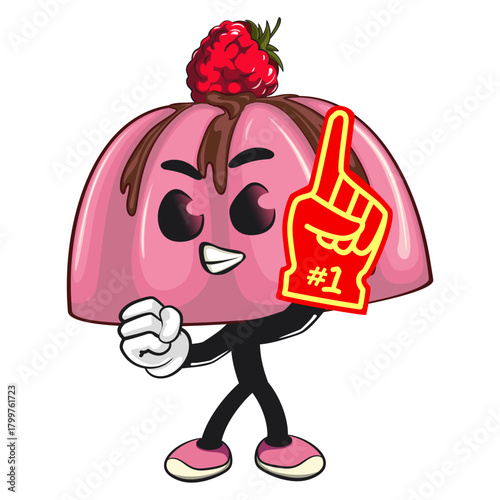 cute pink jelly dessert mascot cartoon vector food illustration, adorable raspberry pudding character with Chocolate Topping raise foam finger, work of hand drawn