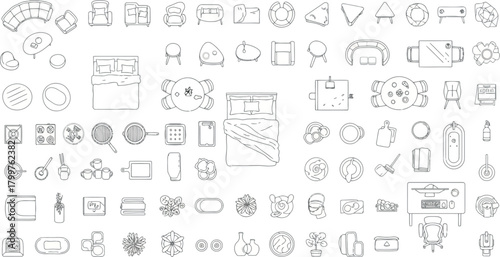 Assortment of topdown interior design elements and icons isolated on