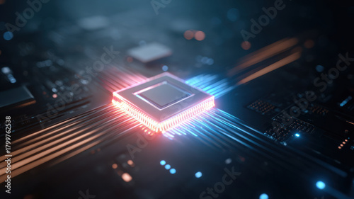 Technological marvel: a close-up of a glowing CPU on a circuit board. This image captures the intricate details and the heart of modern technology